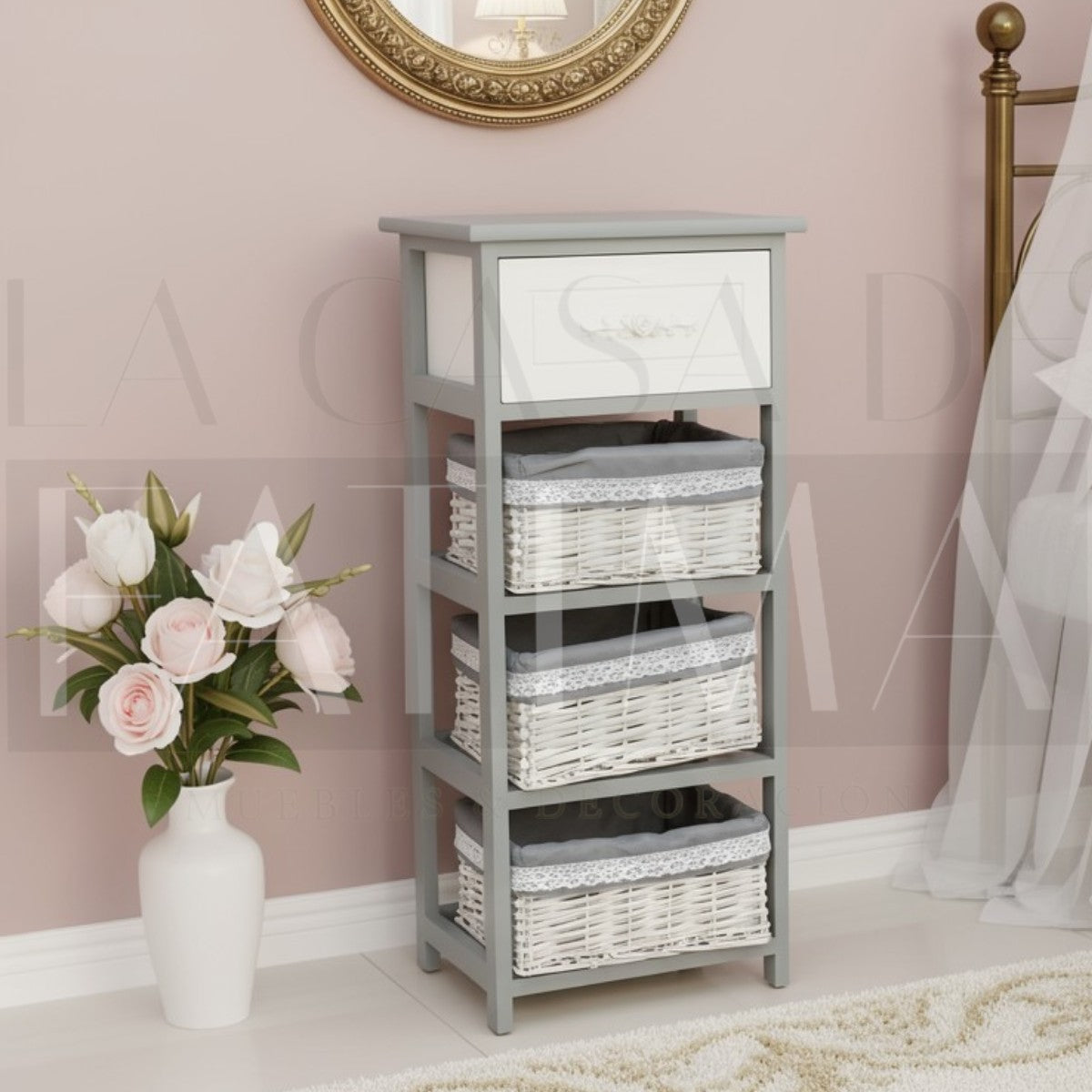Cabinet Shabby Gris 1 Cajón 3 Cestas
