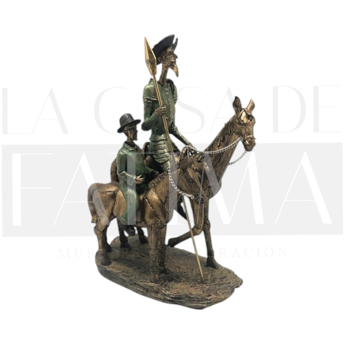 Figura Don Quijote a caballo y Sancho Panza metálico