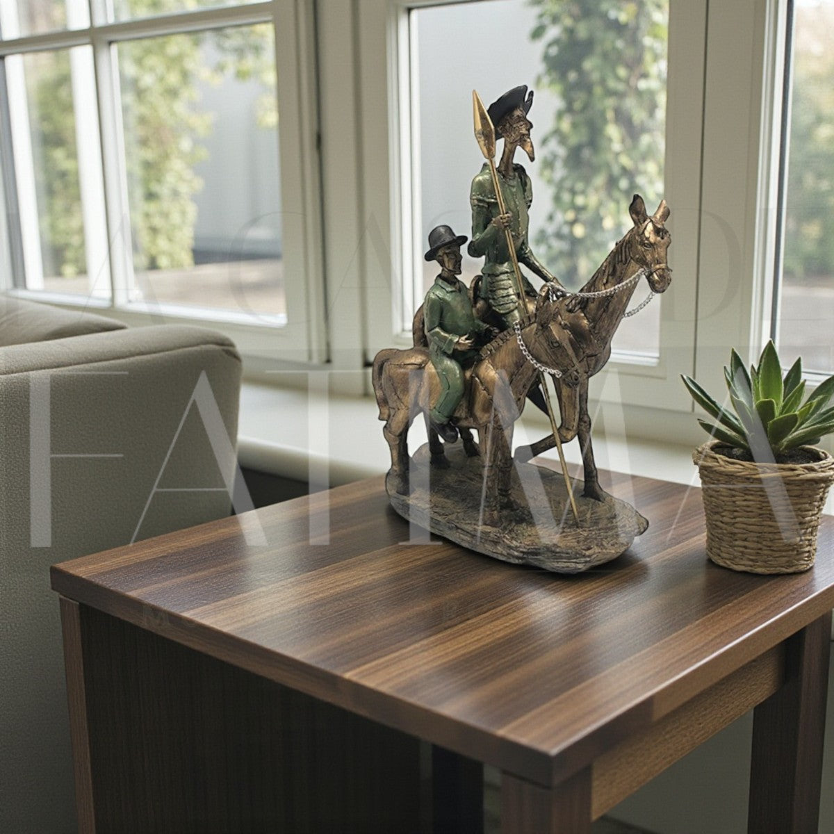 Figura Don Quijote a caballo y Sancho Panza metálico