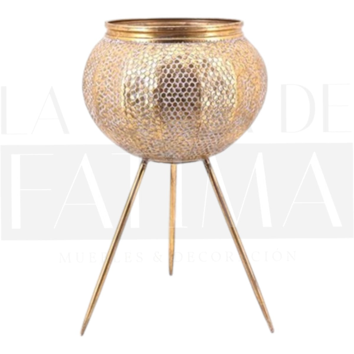 Maceta metálica dorada con pedestal