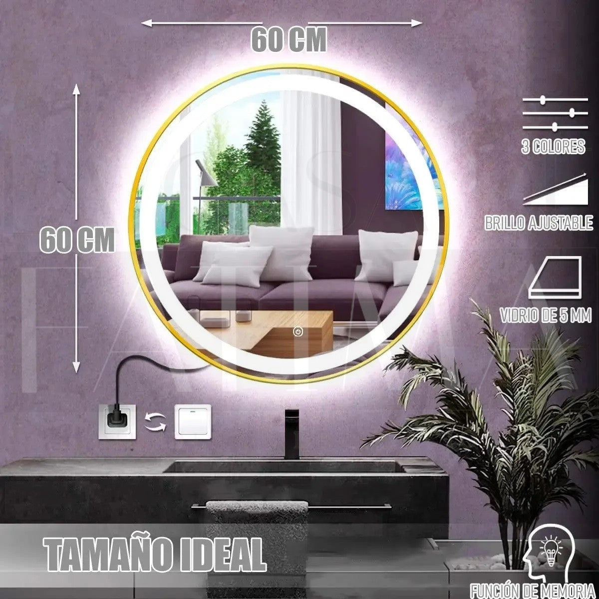 Espejo Circular LED Dorado 60 cm
