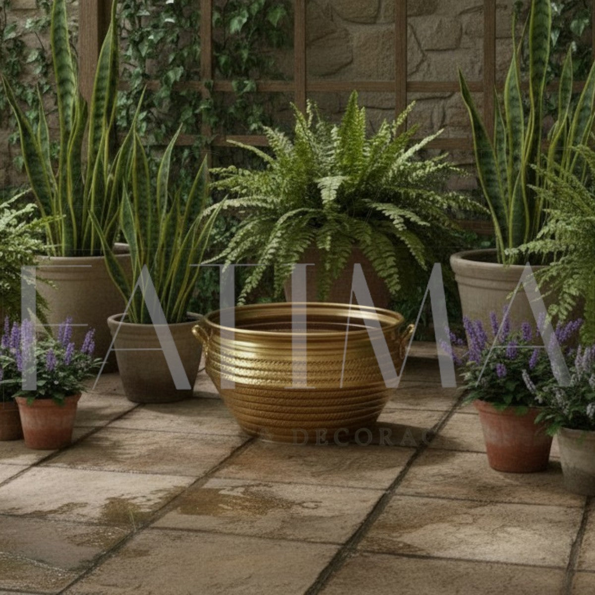 Maceta Martillada Metálica Dorada con asas