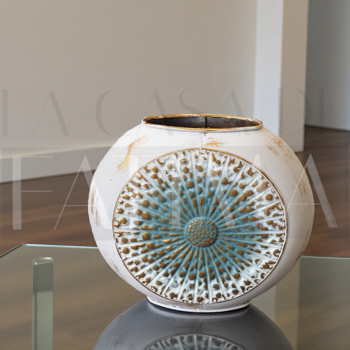 Jarrón Metálico Mandala Blanco–Turquesa