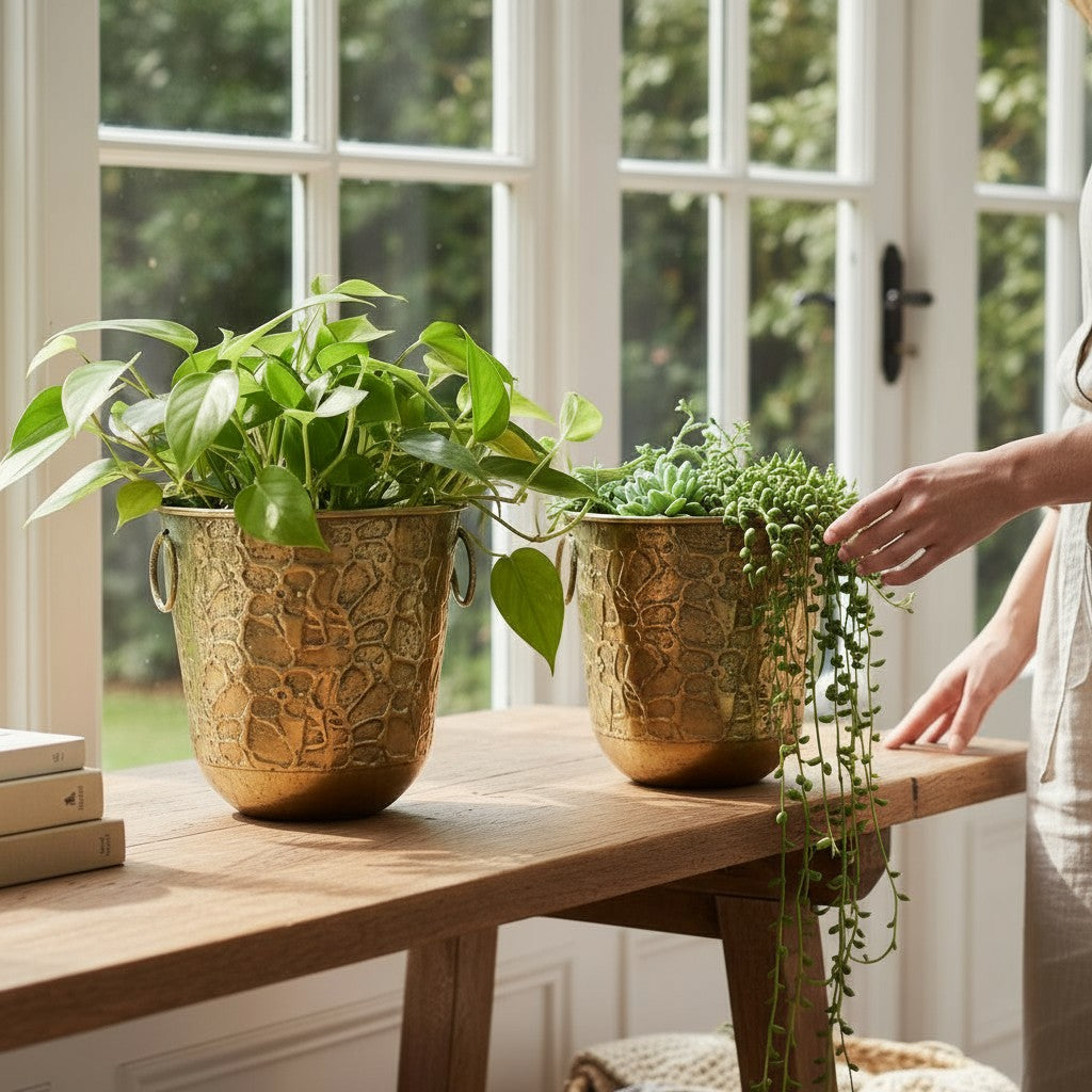 Set de 2 Macetas Metálicas Doradas con Aros