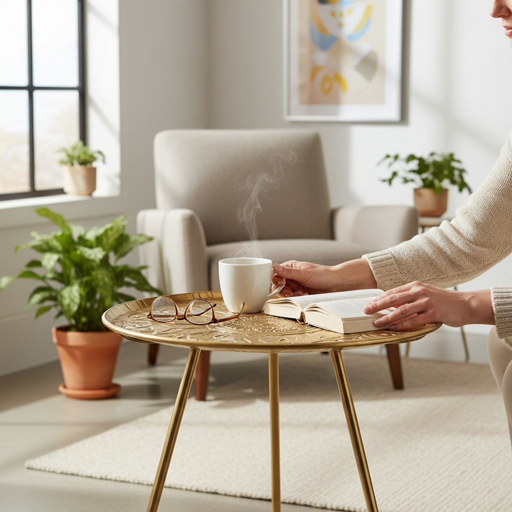 Mesa Auxiliar Metálica Dorada Tallada