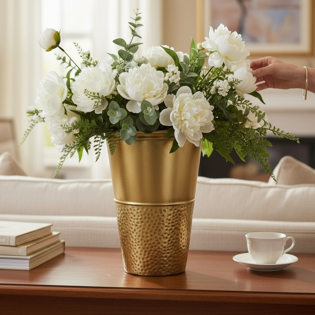 Vasija Metálica Dorada con Aros – 40