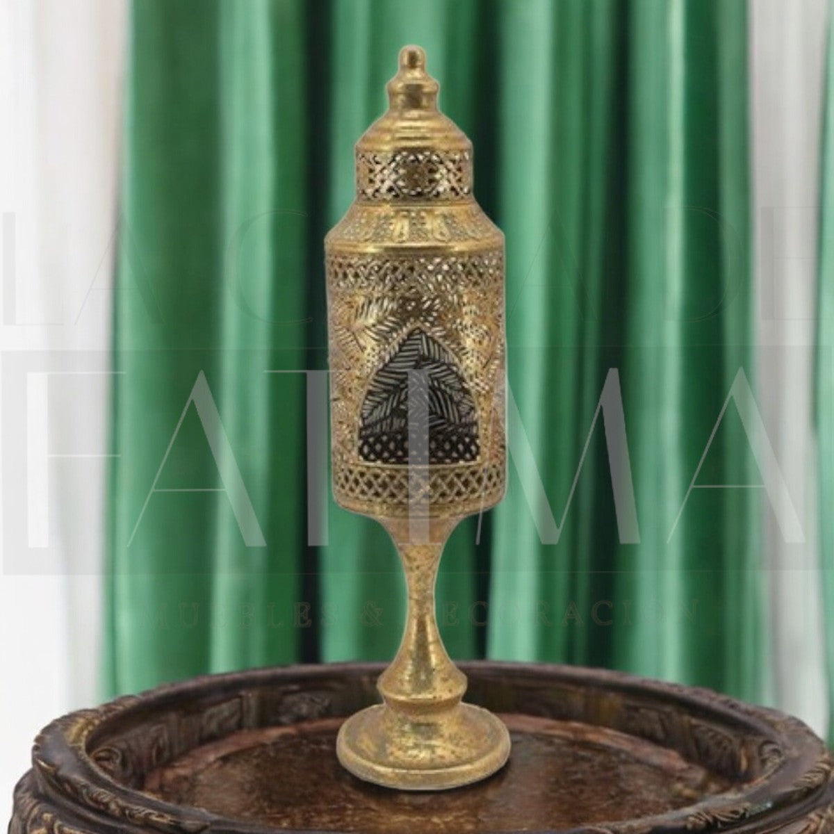 Fanal Metálico Dorado con Pedestal