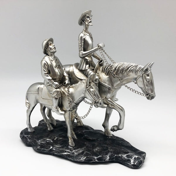 Figura Don Quijote a caballo y Sancho Panza Plateado