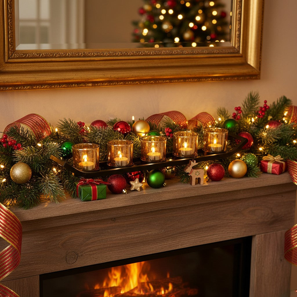 Portavelas rectangular con 5 vasitos ámbar