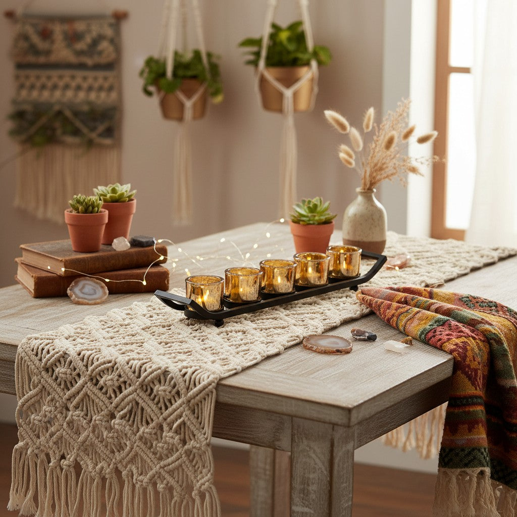 Portavelas rectangular con 5 vasitos ámbar