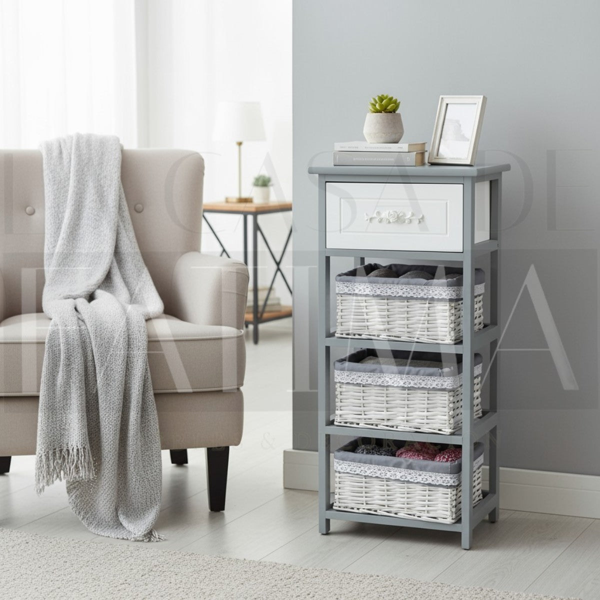 Cabinet Shabby Gris 1 Cajón 3 Cestas