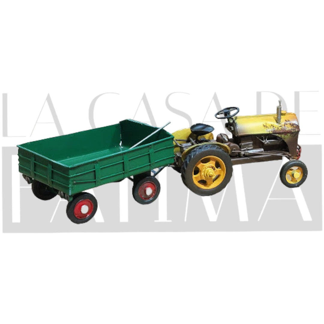 Figura Decorativa Tractor Amarillo Vintage con Carro