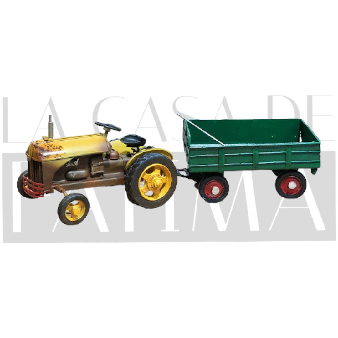 Figura Decorativa Tractor Amarillo Vintage con Carro