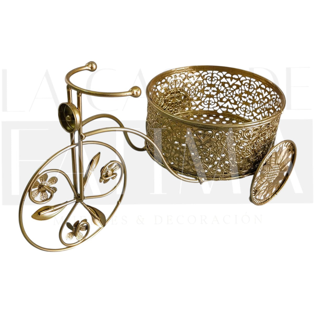 Portamaceta Metálica Dorada – Triciclo Floral