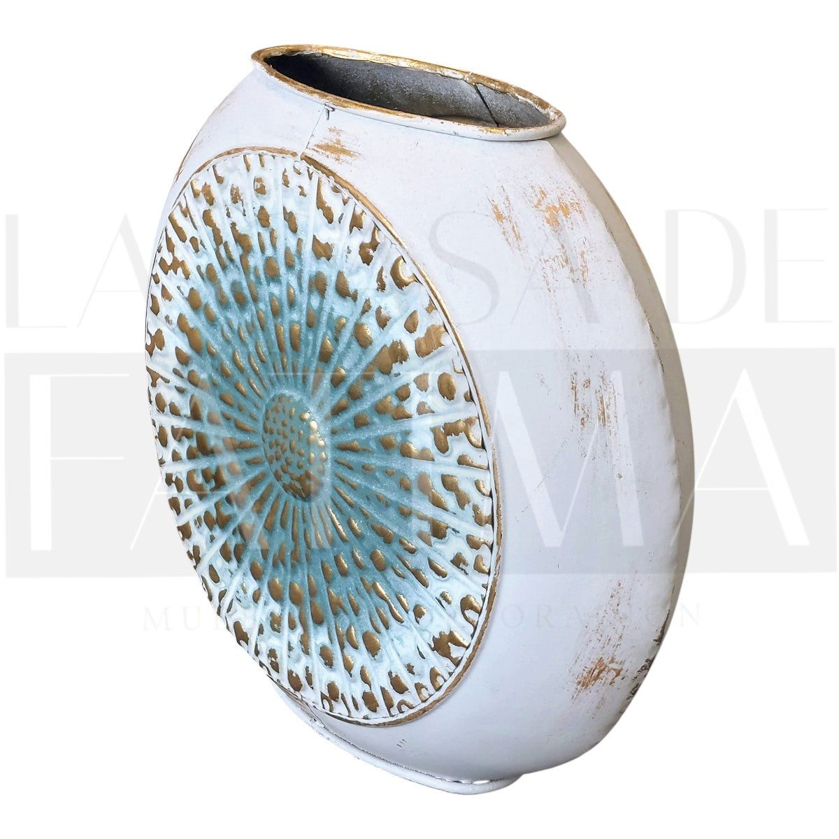 Jarrón Metálico Mandala Blanco–Turquesa