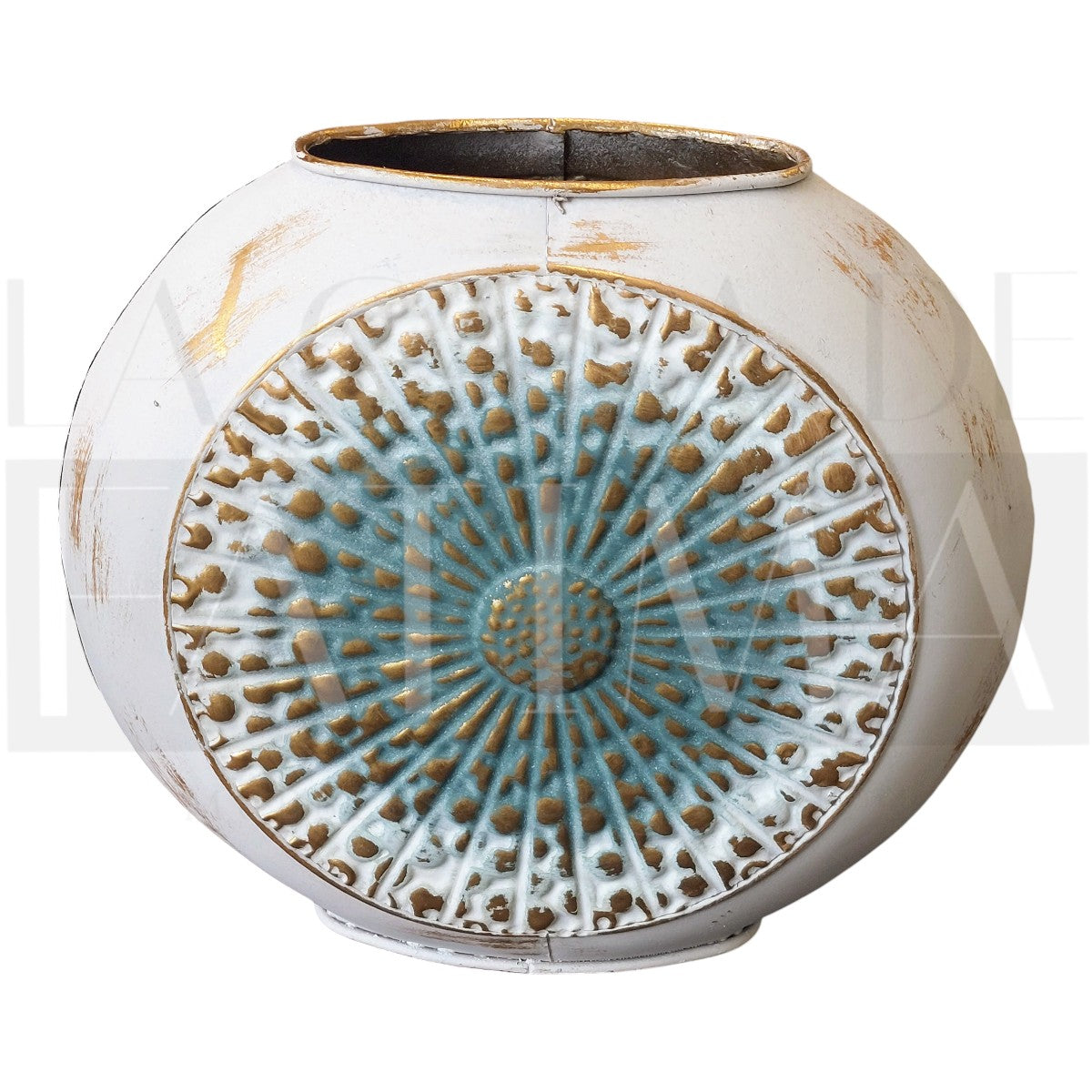 Jarrón Metálico Mandala Blanco–Turquesa
