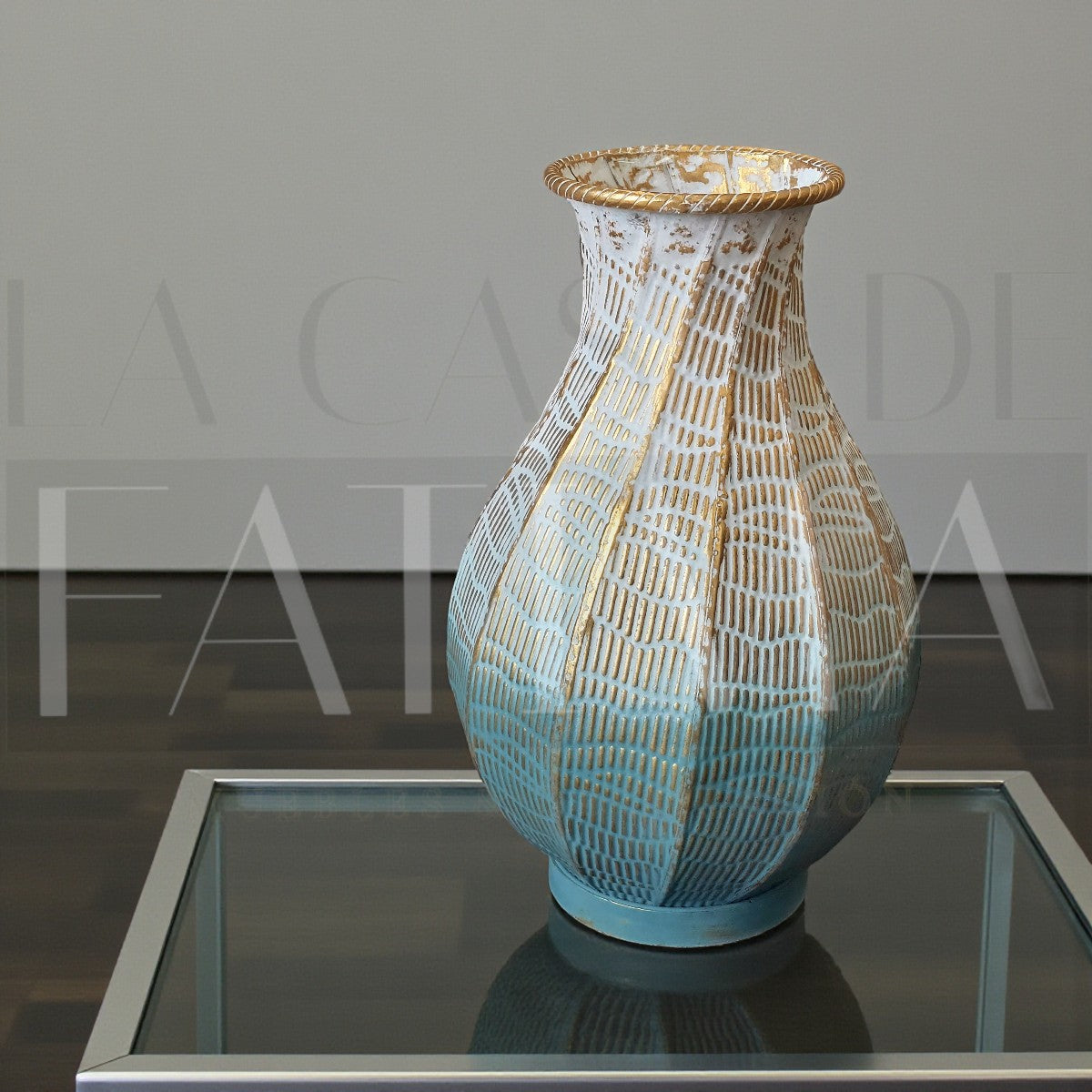 Jarrón Decorativo de Metal – Turquesa & Dorado