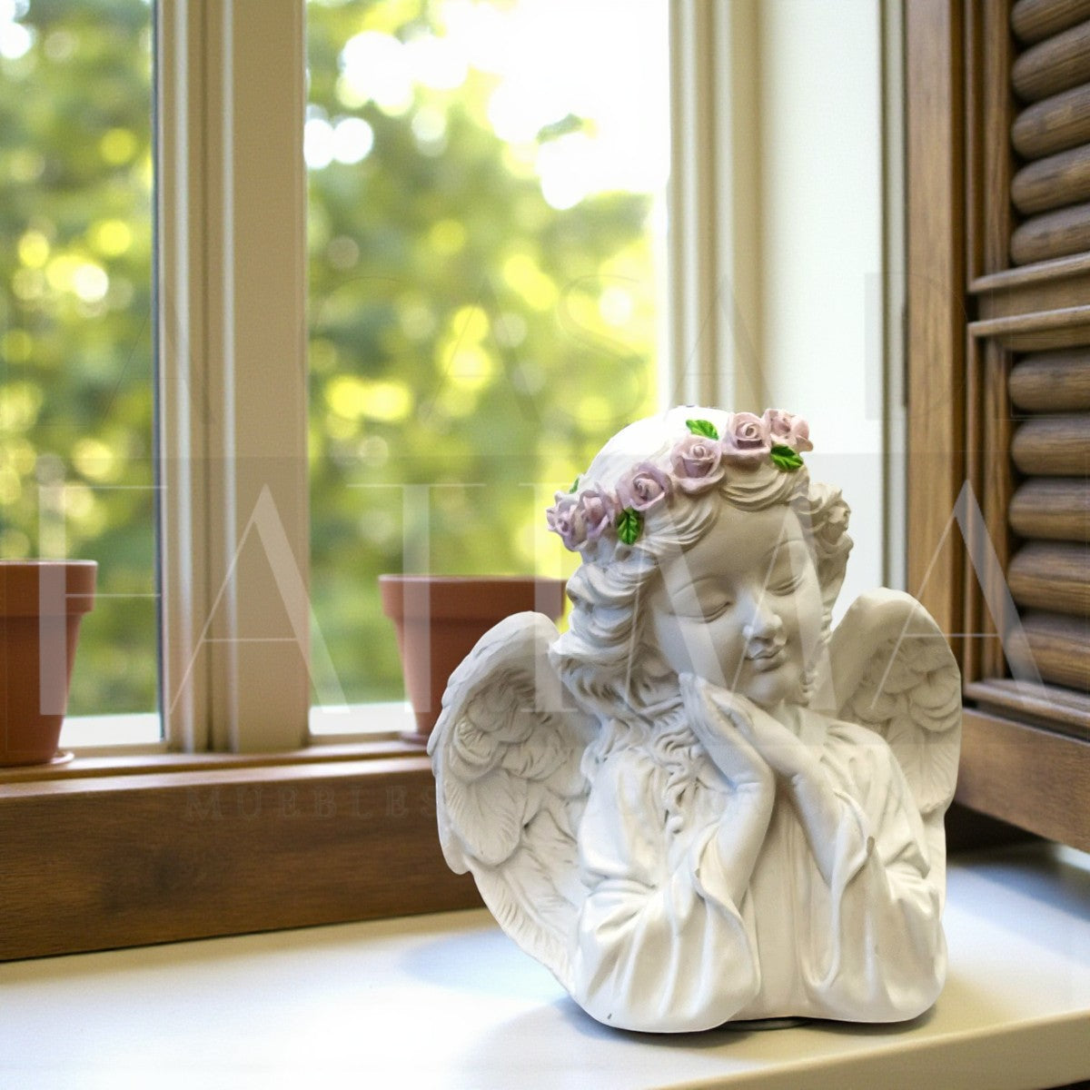 Figura Angelito Orante con Corona de Rosas