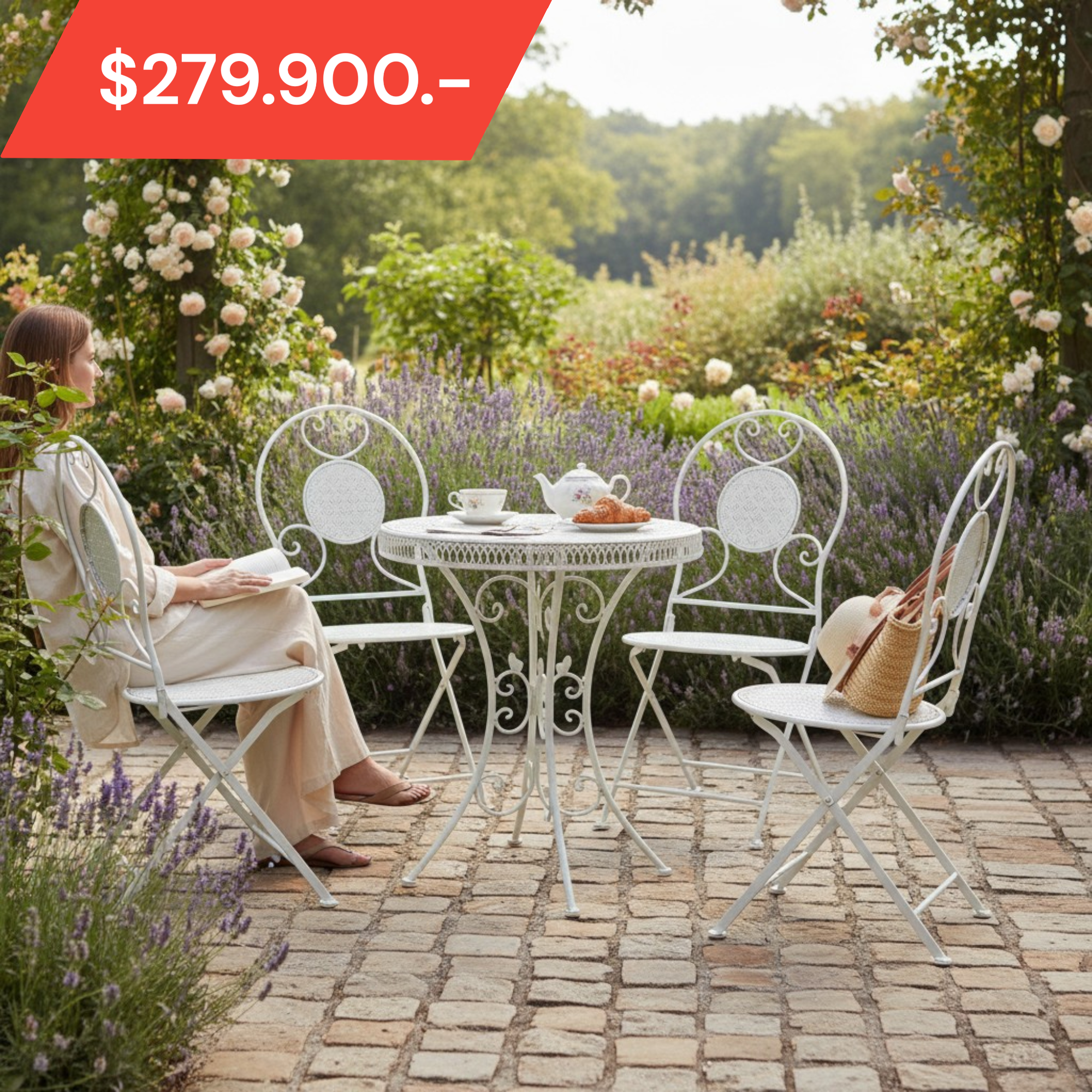 Set de Terraza con 4 Sillas Metálico Blanco