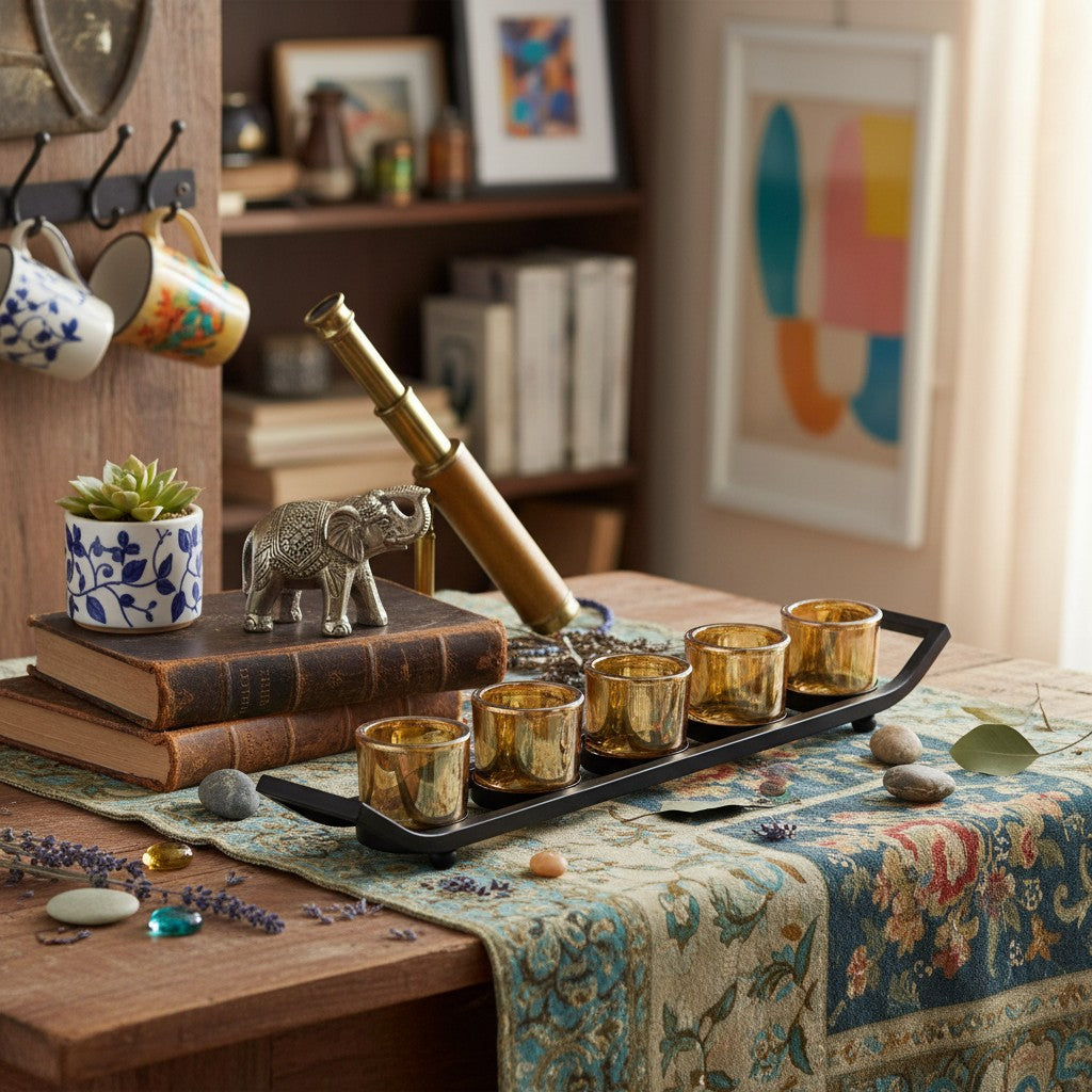 Portavelas rectangular con 5 vasitos ámbar