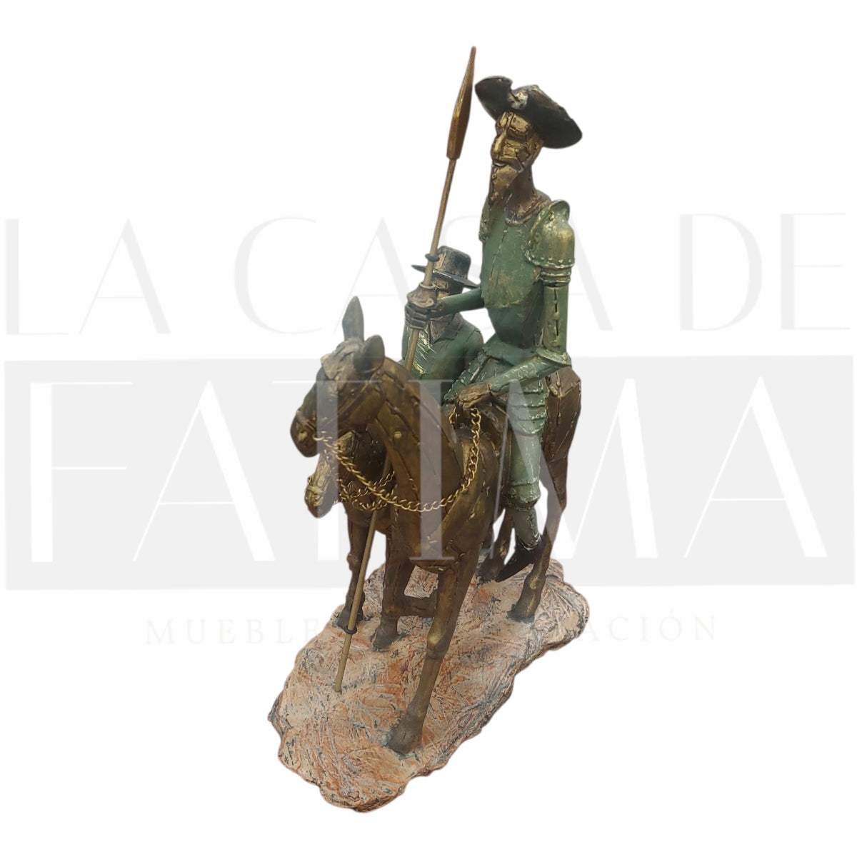 Figura Don Quijote a caballo y Sancho Panza metálico