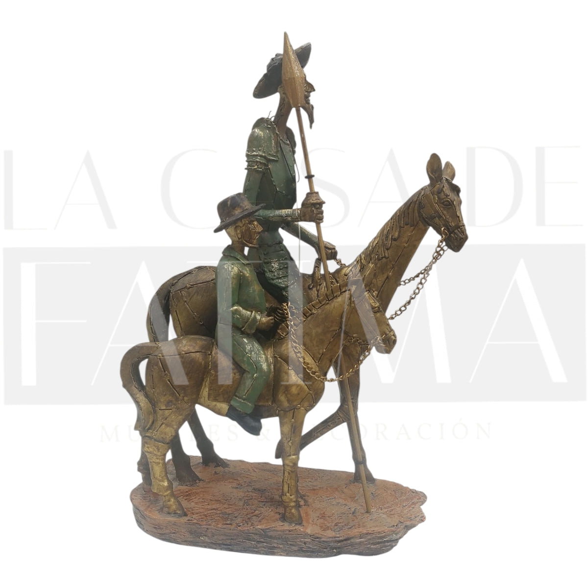Figura Don Quijote a caballo y Sancho Panza metálico