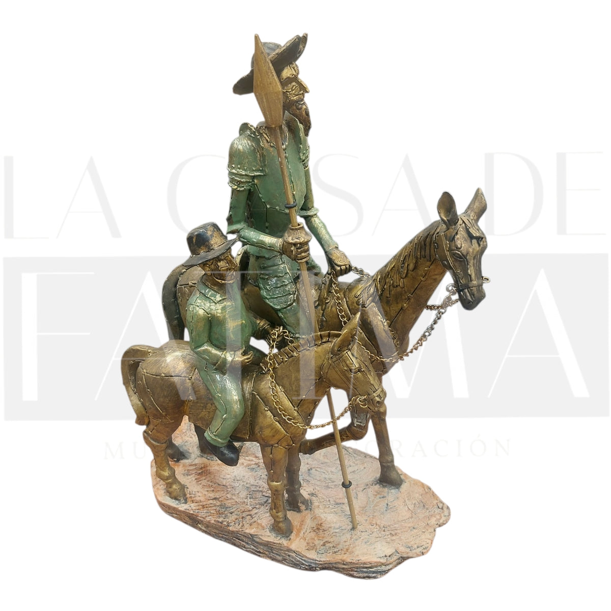 Figura Don Quijote a caballo y Sancho Panza metálico